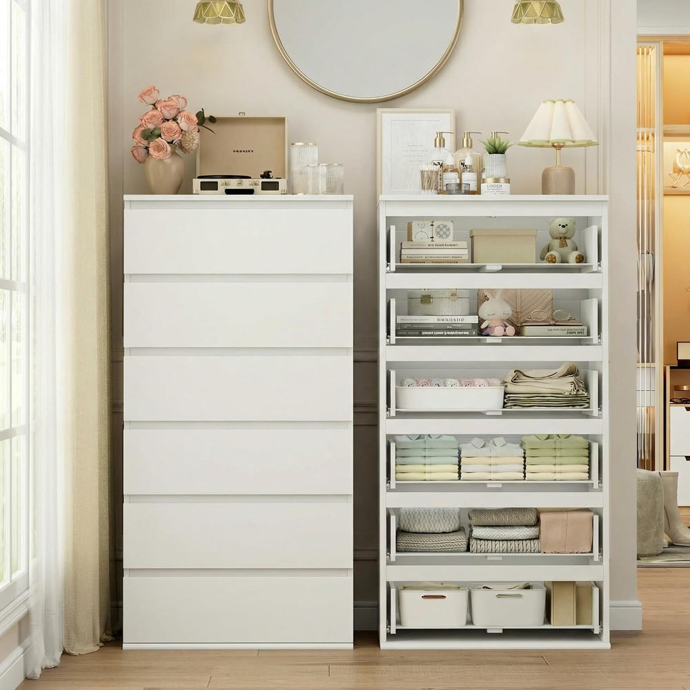 FOTOSOK White Dresser, 6 Drawer Dresser with Handleless Drawer Cabinet