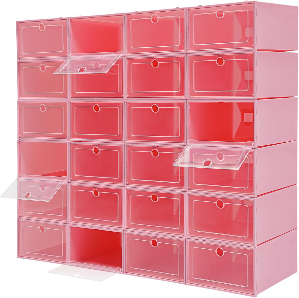 24 Pack Stackable Shoe Boxes with Clear Lids - Foldable Shoe Storage Organize...