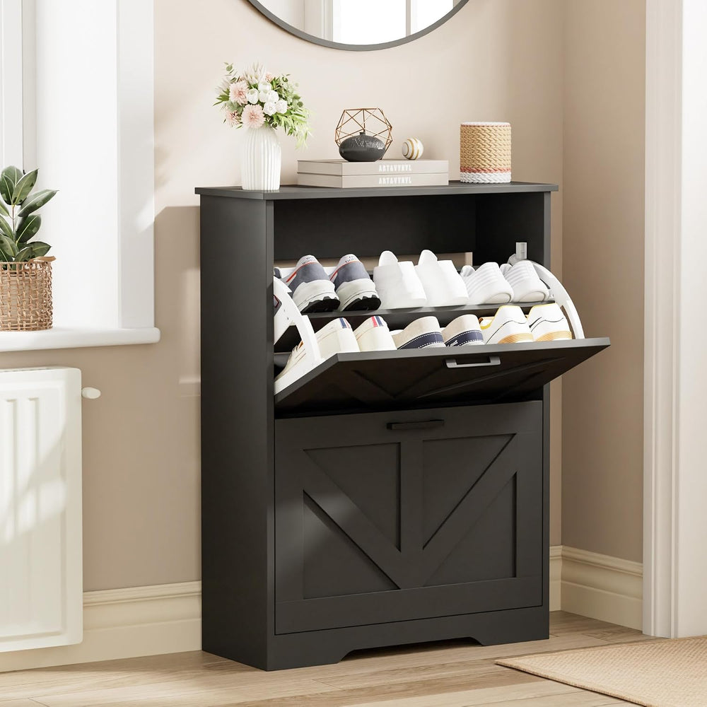 Homleke Farmhouse Shoe Cabinet for Entryway, 2 Barn-Style Flip Drawers