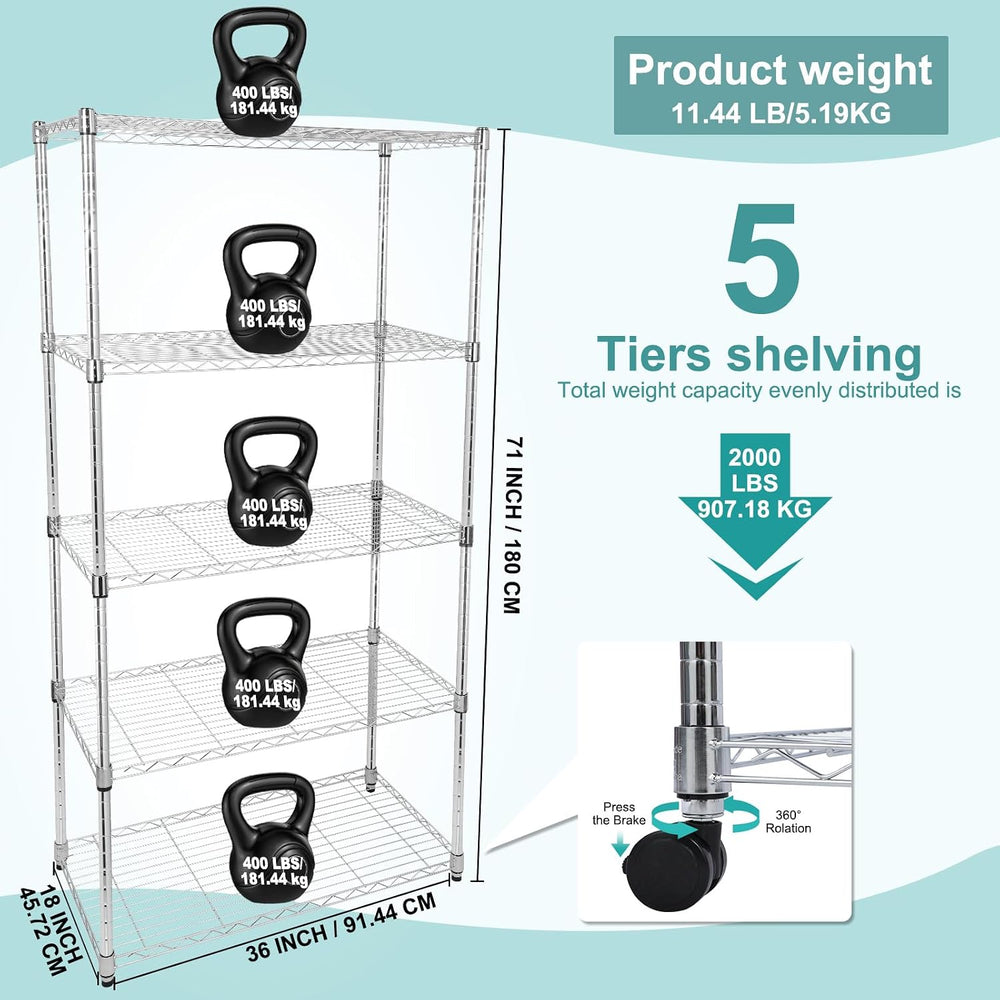 Whitmor 5 Tier Storage Shelves, Heavy Duty with Wheels, Adjustable Steel Orga...