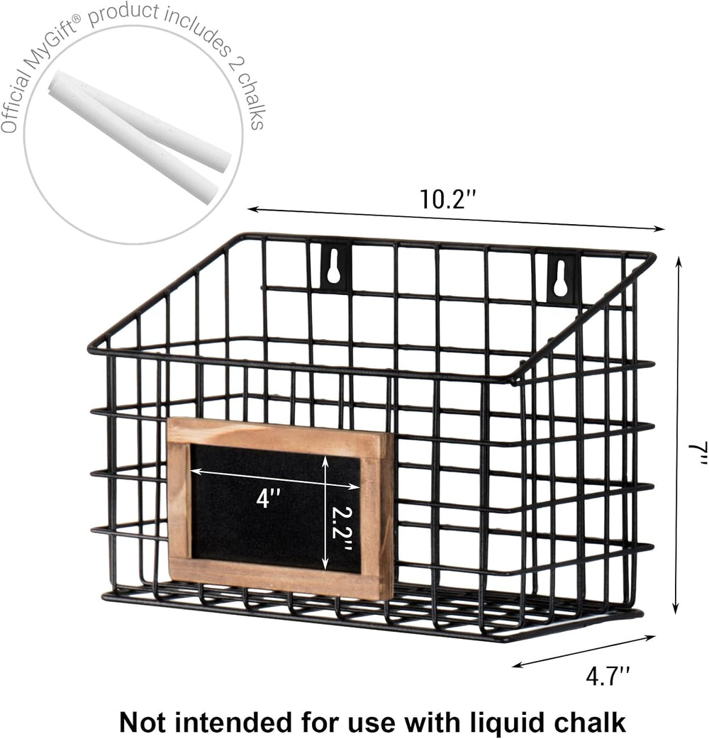 MyGift 10 Inch Wall Mounted Matte Black Metal Wire Storage Baskets with Chalk...