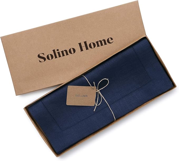 Solino Home Linen Navy Blue Table Runner 72 Inches Long - 100% Pure Linen Hem...