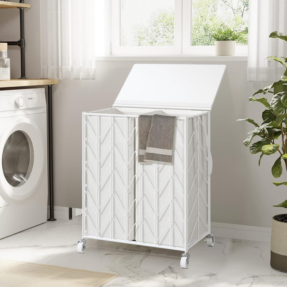 WOWLIVE Double Laundry Hamper with Lid, Rolling Laundry Basket with Wheels