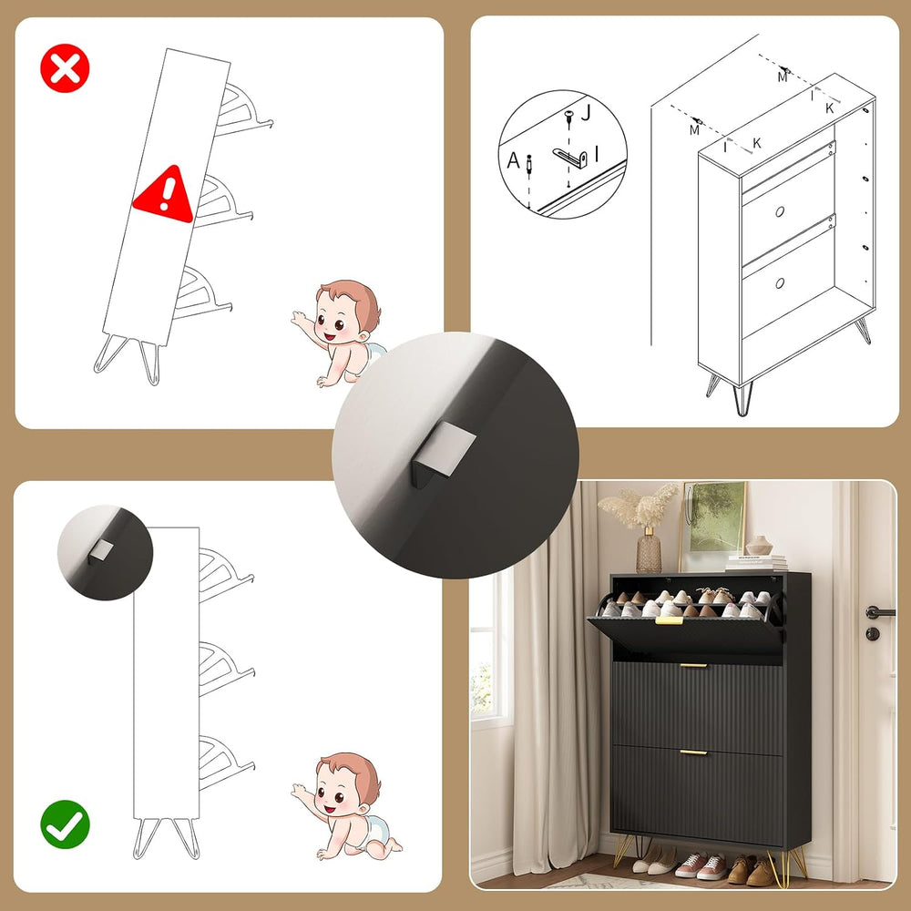 Fluted Shoe Cabinet with 3 Flip Drawers, Gold Handle and Metal Legs, Black丨Fl...