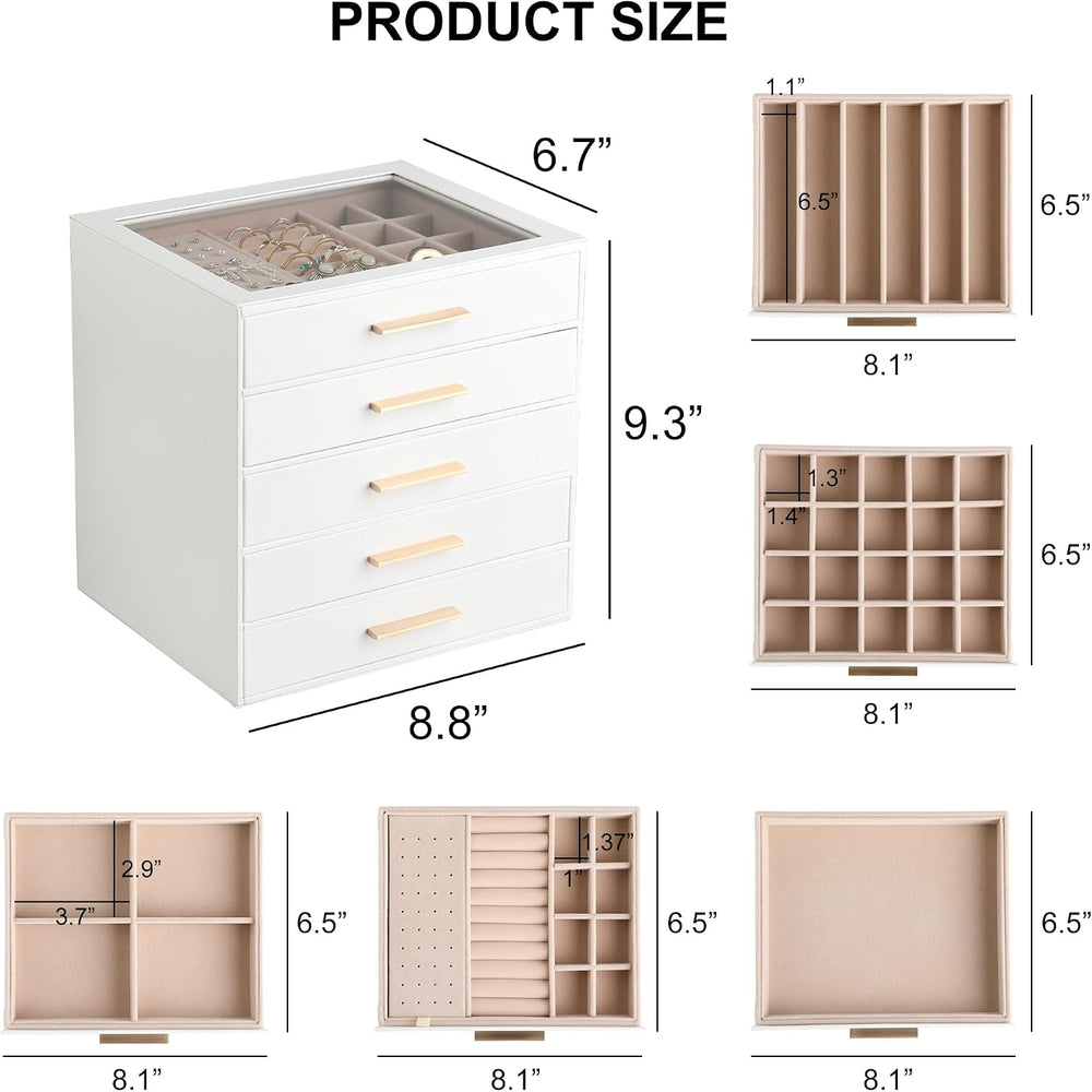 Frebeauty Jewelry Box for Women,Clear Lid Jewelry Organizer with 5 Drawers