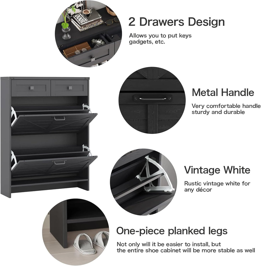 Halitaa Shoe Cabinet with 2 Flip Drawers & 2 Drawers,Farmhouse Shoe Stora...