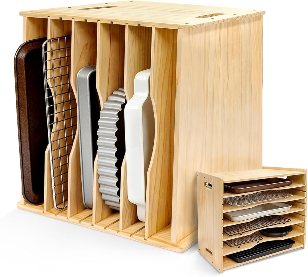 6 Tier Wooden Tray Dividers for Cabinets, Cookie Sheet Organizer 15.7" W...