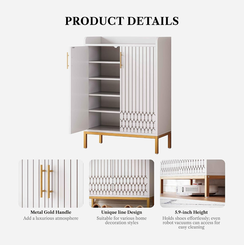 5-Tier Shoe Cabinet with Carved Lines Doors, Large Wooden Shoe Storage Cabine...