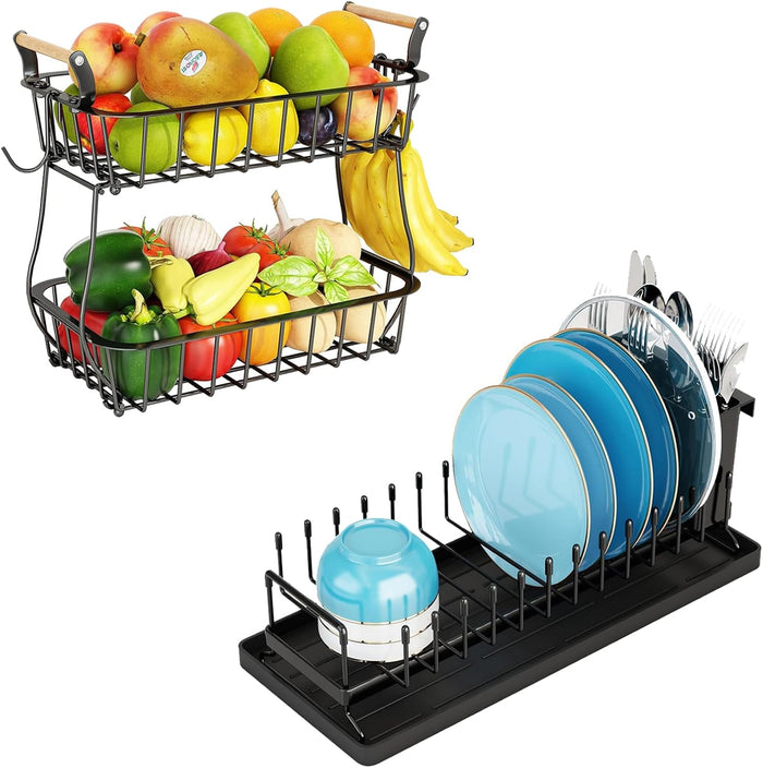 ANTOPY 2 Tier Fruit Basket with 2 Banana Hangers & Dish Drying Rack Small Dish Rack, Dish Racks for Kitchen Counter