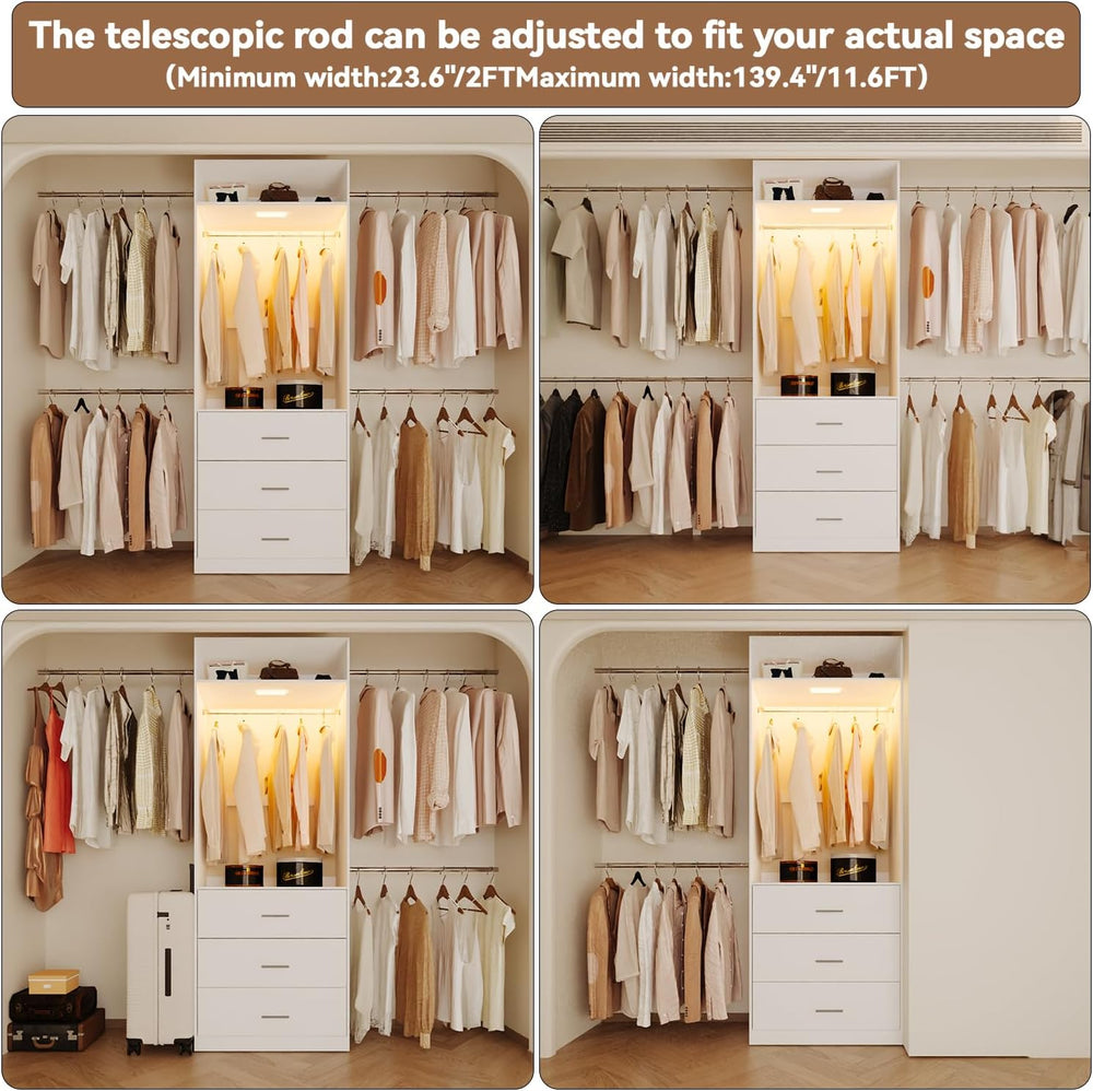 Wooden Closet System With LED Light 11FT Closet Organizer with 3 Wooden Drawe...
