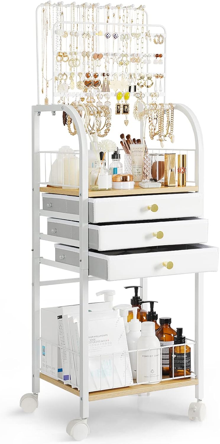 Keebofly Large Floor Jewelry Organizer Stand with 3 Drawers - White
