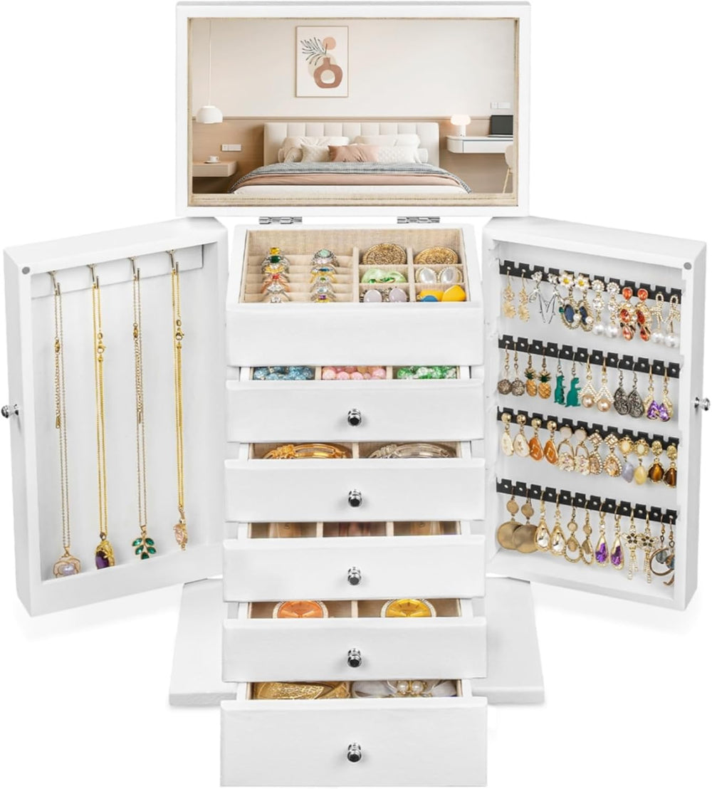Emfogo Wooden Jewelry Box for Women, 6-Tier Large Jewelry Organizer Boxes wit...