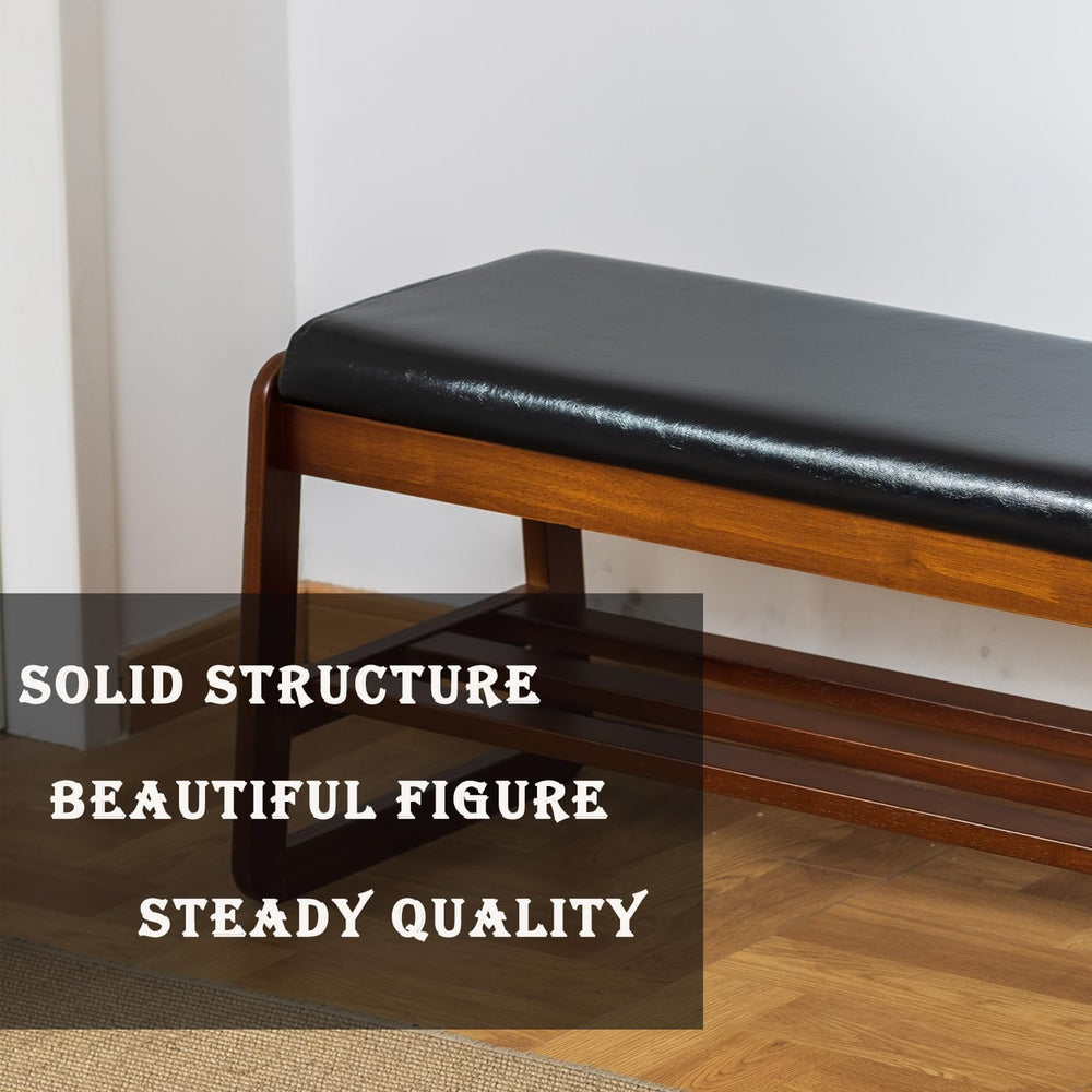 latifolia Solid Wood Bench, Entryway Shoe Bench with Cushion, 2 Tier Shoe Sto...
