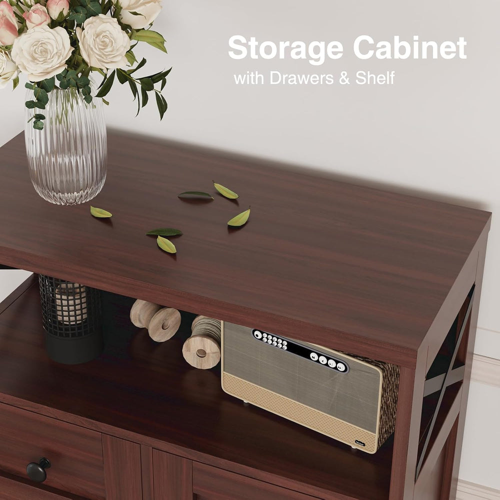 Dark Brown Farmhouse Storage Cabinet with Doors and Drawers, Small Pantry