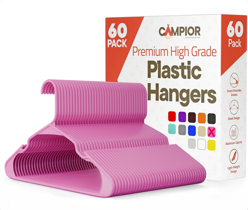 Pink Plastic Hangers 60 Pack– Heavy-Duty Plastic Hangers Slim and Space-Savin...