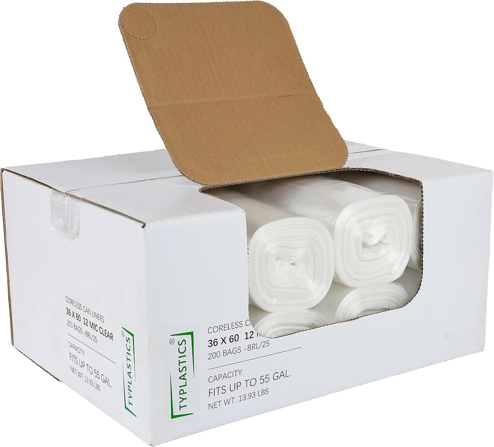 TYPLASTICS 55 Gallon Clear Trash Can Liners, 200 count, 36" x 60"