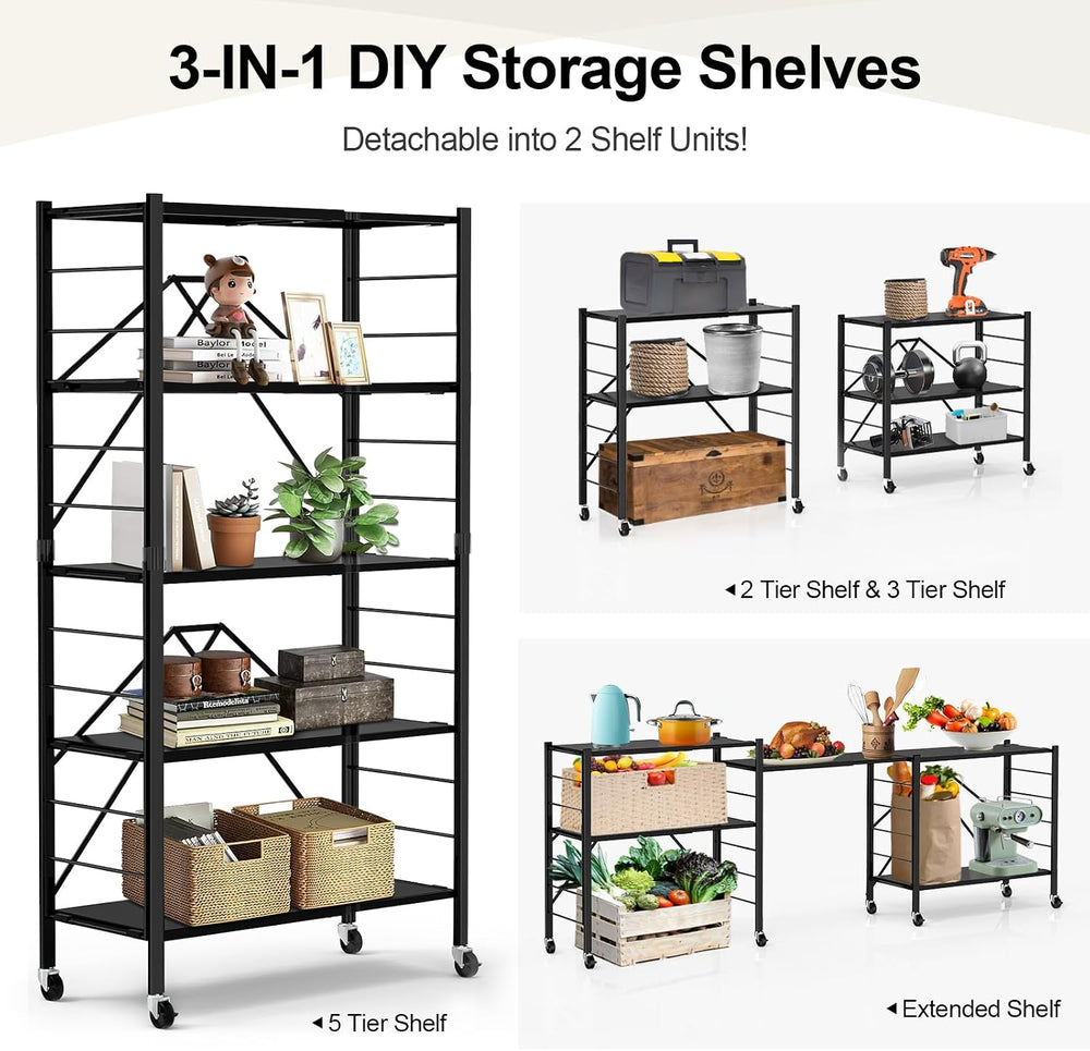 Himix 5-Tier Foldable Expandable Storage Shelves Wheels Kitchen 2-in-1 Rack