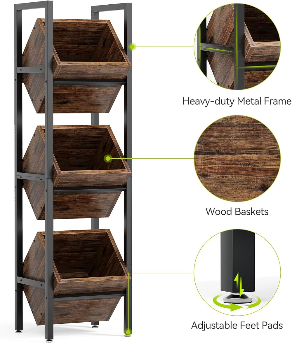 LITTLE TREE 3-Tier Basket Stand, Wooden Floor Stand Shelving Unit, Standing O...