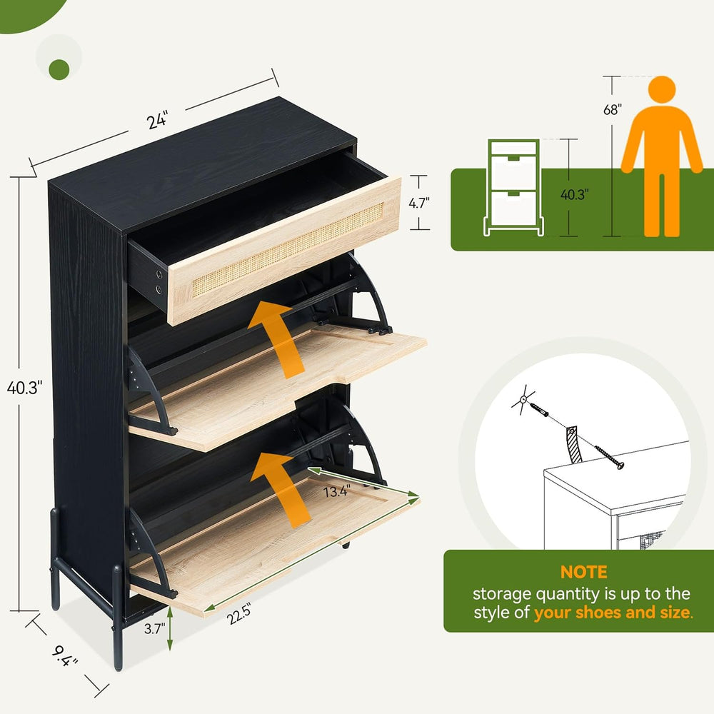 GAOMON Natural Rattan 2 Flip Door with 1 Drawer Shoe Rack Storage Cabinet, Sh...