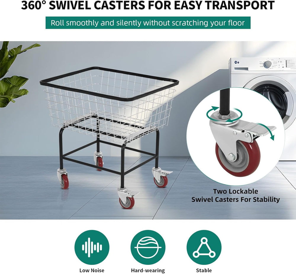 4.5-Bushel Rolling Laundry Cart with Wheels, Steel Clothing Storage