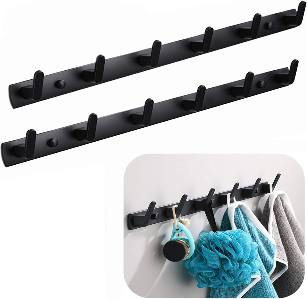 Wall Mounted Coat Rack, 6 Hooks, 21.7"x1.3", Modern, Black, 2 Pcs