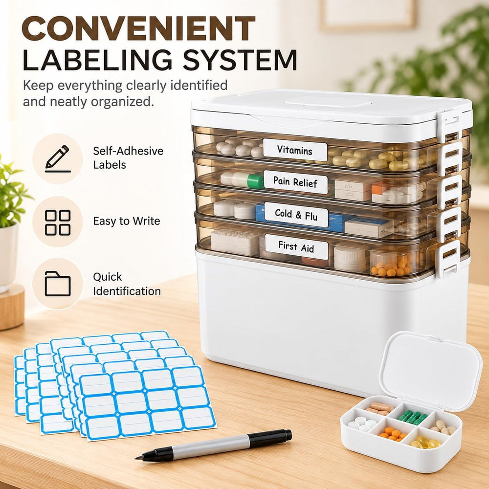5-Tier Medicine Storage Box with Labels, 12 X 6 X 12 in Medicine Cabinet Orga...