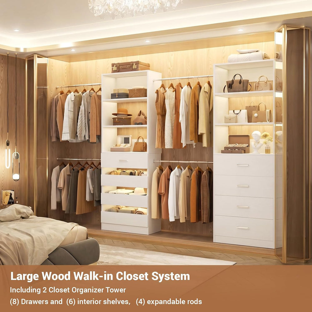 Aheaplus Closet System, 6-15Ft Closet Organizer with 8 Wooden Drawers,White