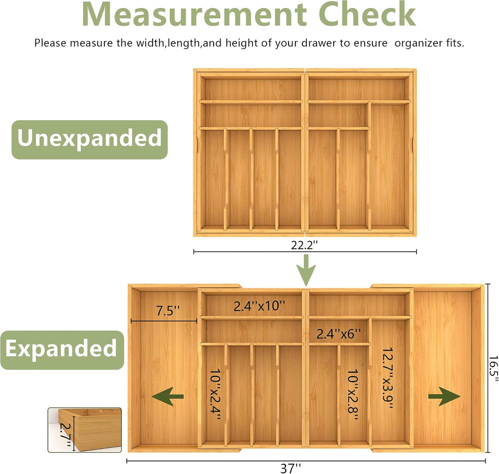 Suli Extra Large Silverware Drawer Organizer,Expandable 22in to 37in,Bamboo