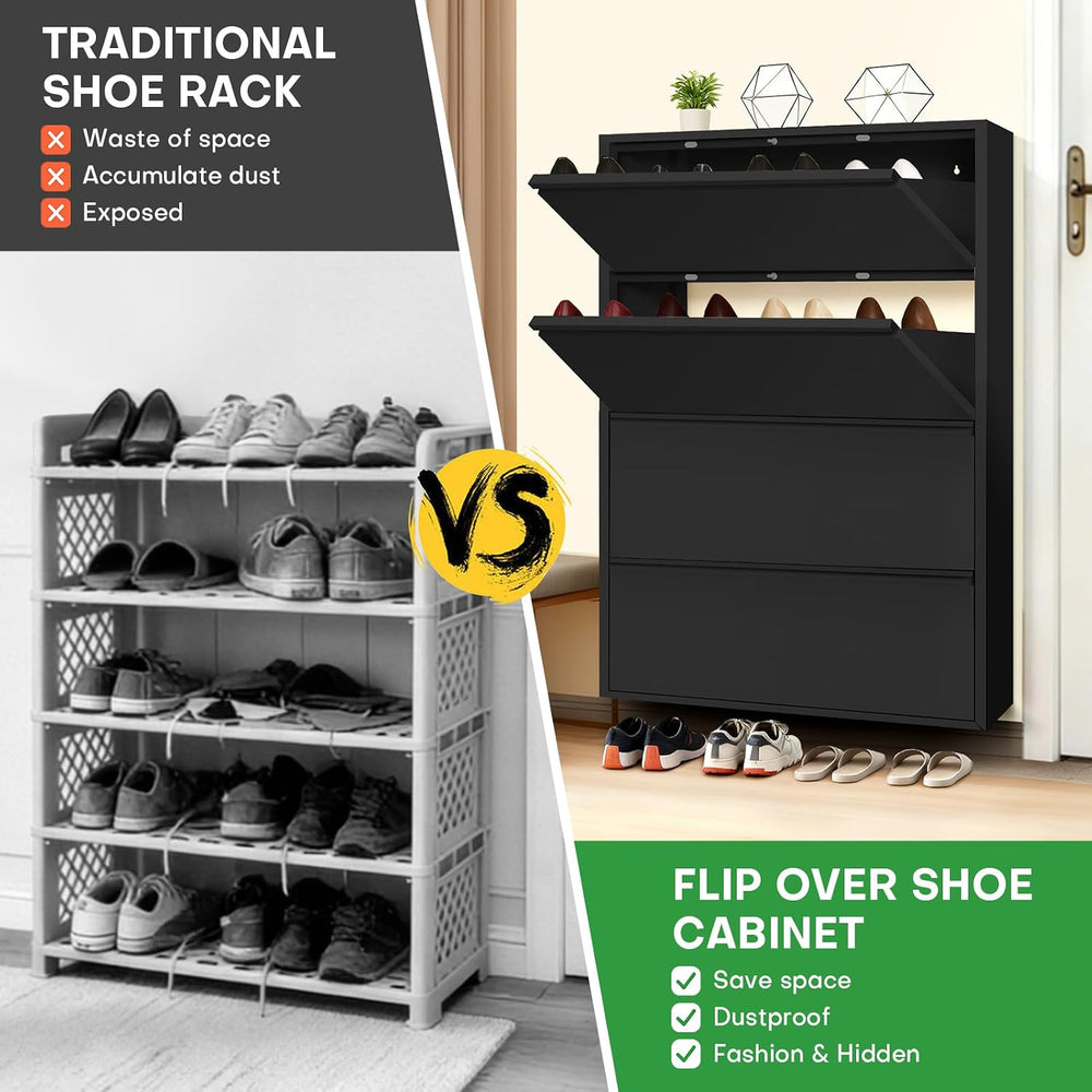 Shoe Storage Cabinet with 4 Flip Drawers, Hidden Slim Narrow Shoe Rack Cabine...