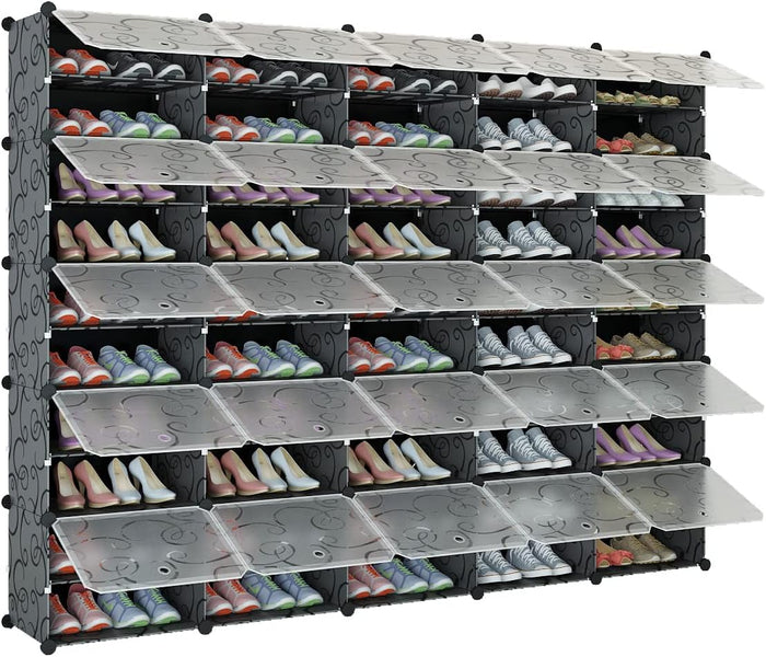 Aeitc 100 Pair Shoe Rack Organizer - Expandable Shoe Storage Cabinet, Standing, Stackable Space Saver for Entryway, Closet with Hook and Side Shelf, Black