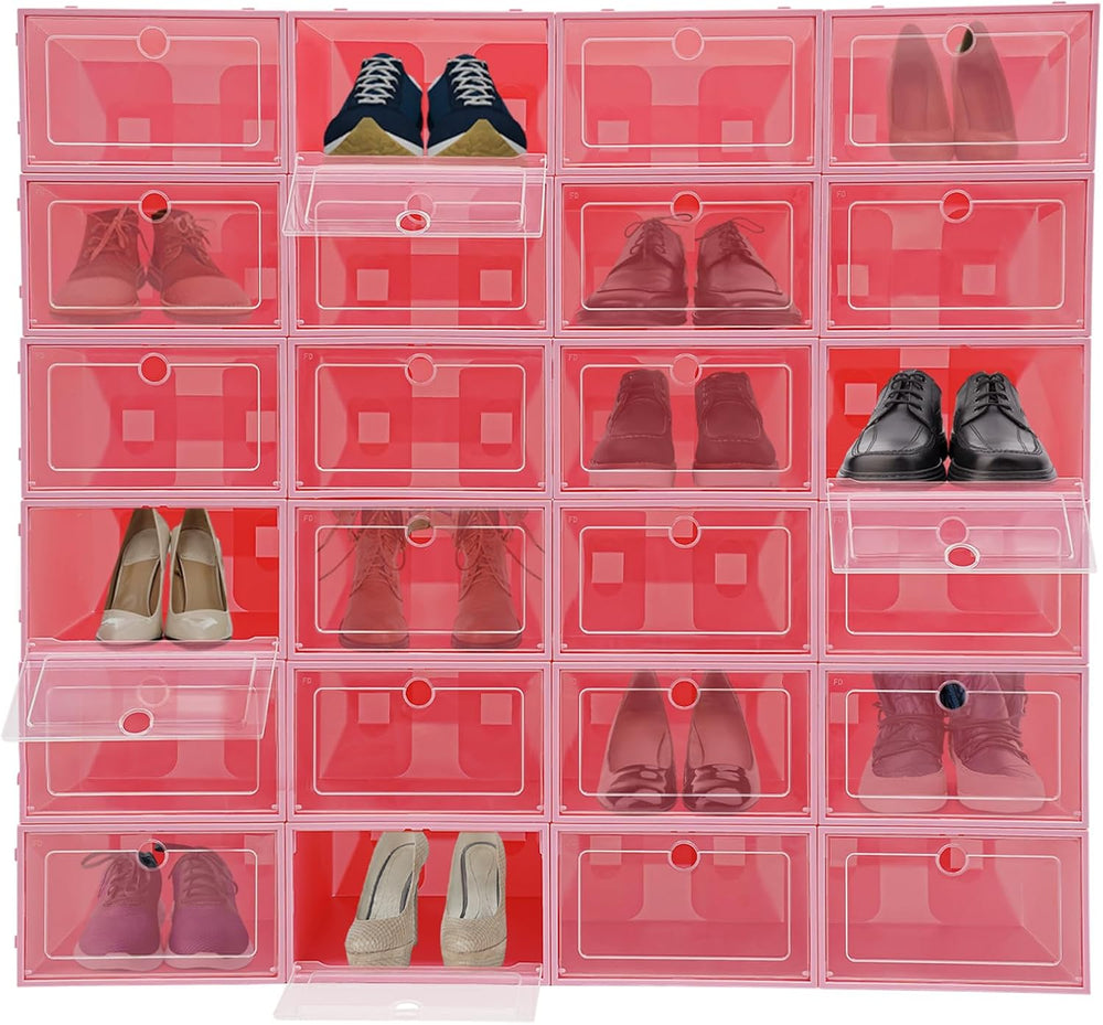 24 Pack Stackable Shoe Boxes with Clear Lids - Foldable Shoe Storage Organize...