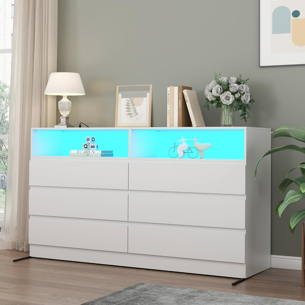 Gyfimoie White 6-Drawer Dresser for Bedroom w/Power Outlet and LED Light
