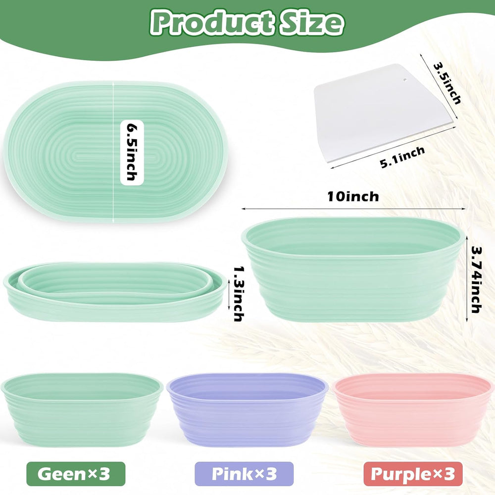 Nuogo 9 Pack Collapsible Silicone Oval Bread Proofing Baskets, Multicolor