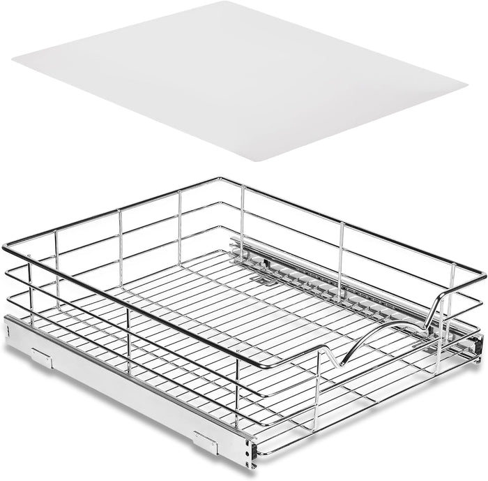 HOLDN’ STORAGE Premium Pull out Pantry Cabinet Organizer with Plastic Liner, Lifetime Limited Warranty – 17”W x 21”D x 5”H Basket - Required at least a 18-1/4 Cabinet Opening, Chrome Finish Drawer