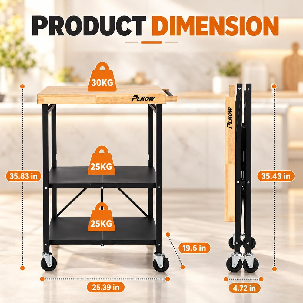 Foldable 3-Tier Rolling Kitchen Cart with Solid Oak Top, Black