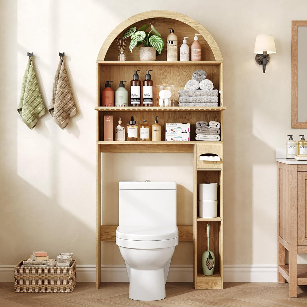 31" W Arched Over The Toilet Storage Cabinet, Fluted Doors, Natural