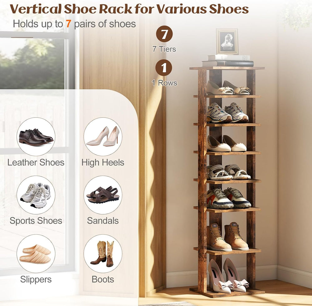 8-Tier Vertical Shoe Rack, Narrow Shoe Storage Organizer, Brown