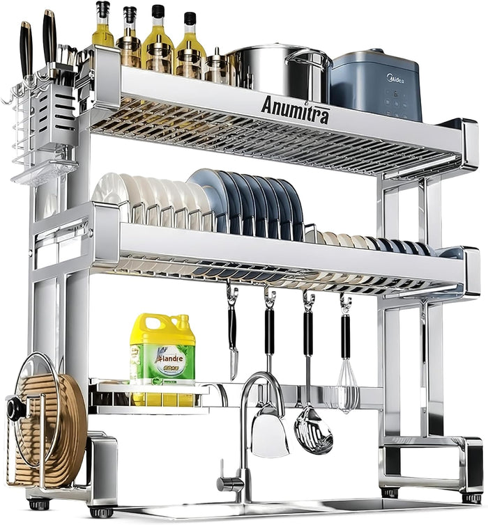 ANUMITRA Over Sink Dish Drying Rack – Stainless Steel 3-Tier 37.5 in Dish Drainer Rack, Space-Saving Kitchen Sink Organizer with Plate & Bowl Holders, Cutting Board Rack, Utensil Cup, Adjustable Feet