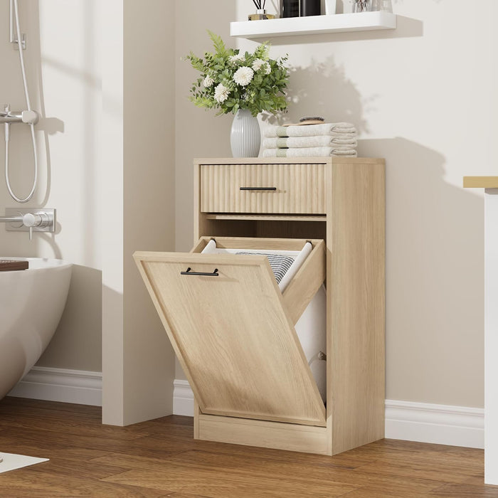 Garvee 10 Gal Single Tilt Out Laundry Hamper Cabinet with Drawer, Natural