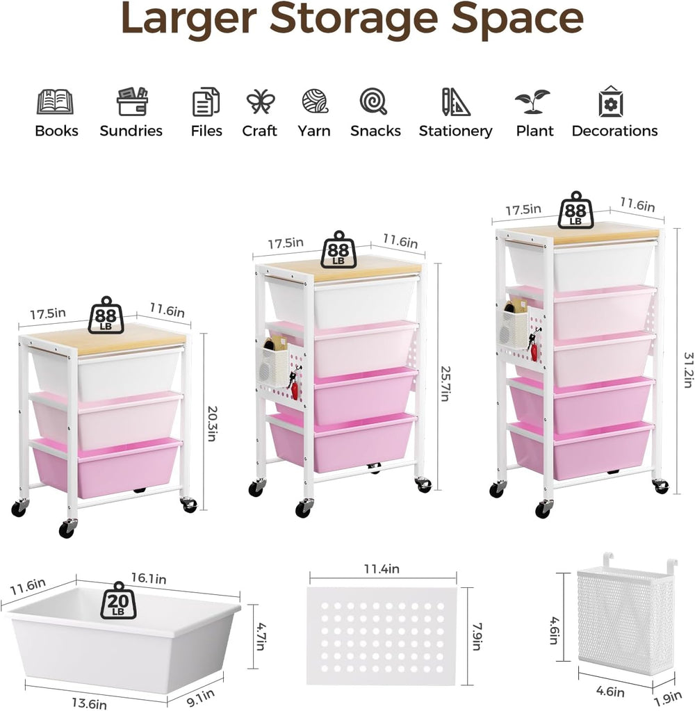 Rolling Cart with 5 Drawers, Plastic Drawer Storage Carts with Wheels & W...