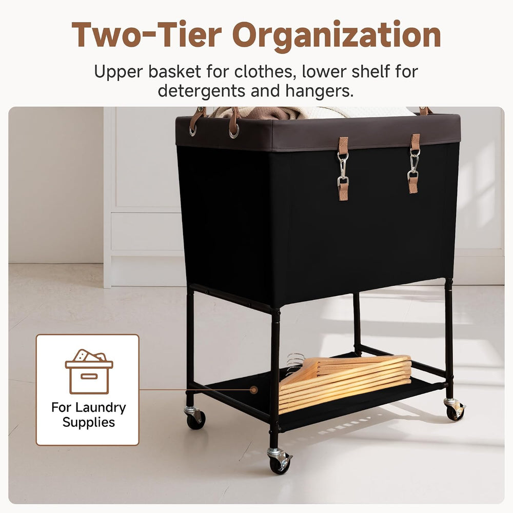StorageWorks Laundry Cart, 2 Tier Rolling Basket with Wheels, 29 Gal, Black