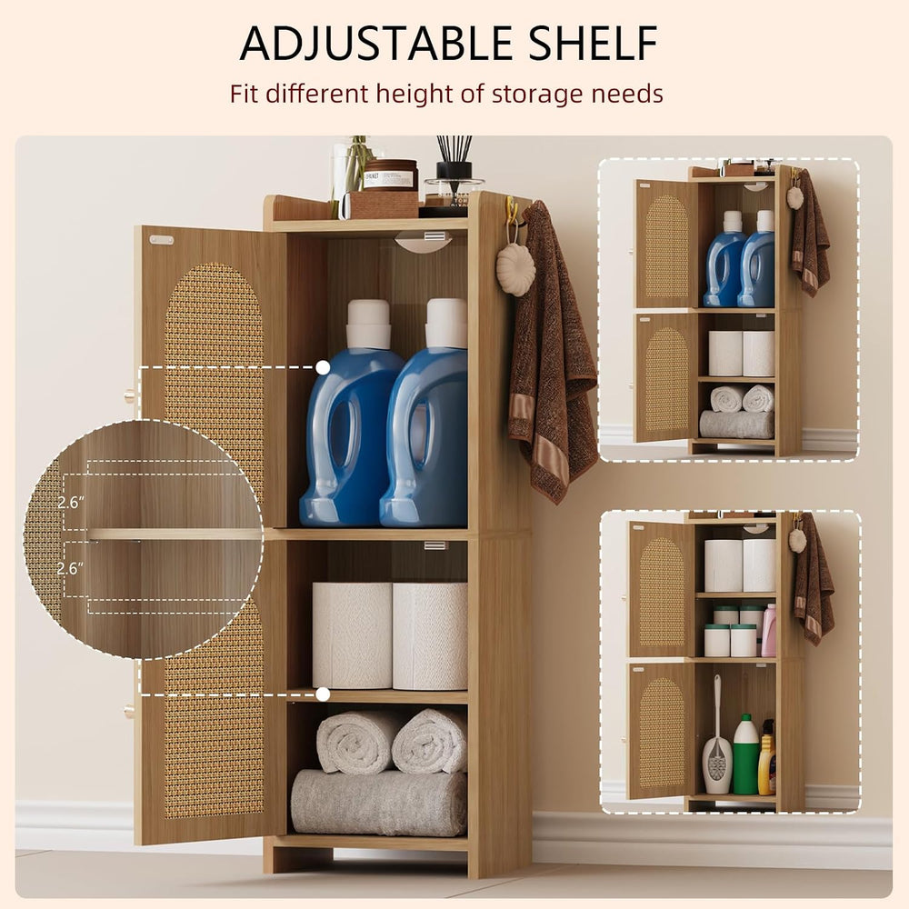 Rattan Bathroom Small Storage Cabinet with 2 Doors and Adjustable Shelf Oak