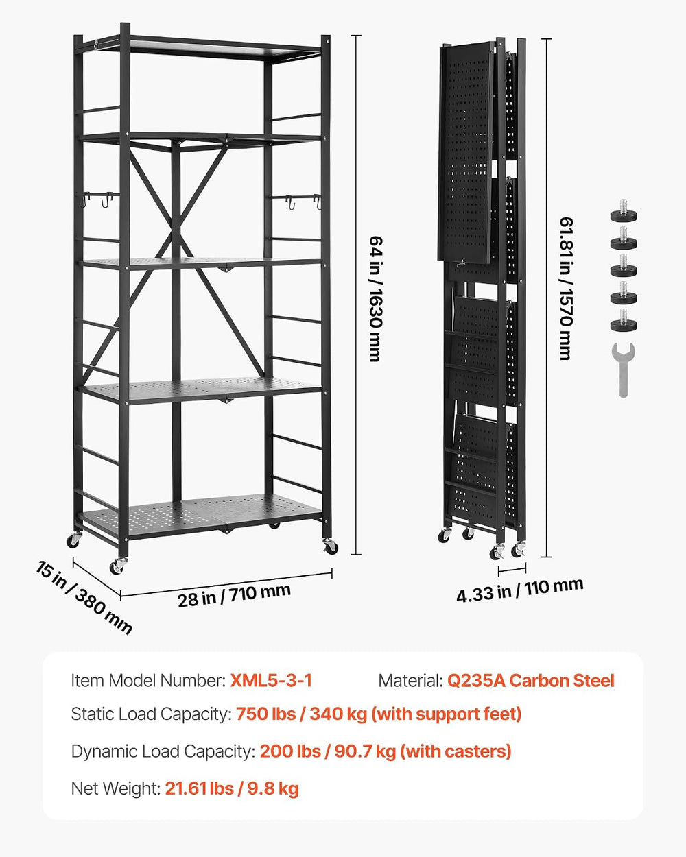 VEVOR 5-Tier Foldable Storage Shelf, 28W x 15D x 64H Inch Folding Metal Rack ...