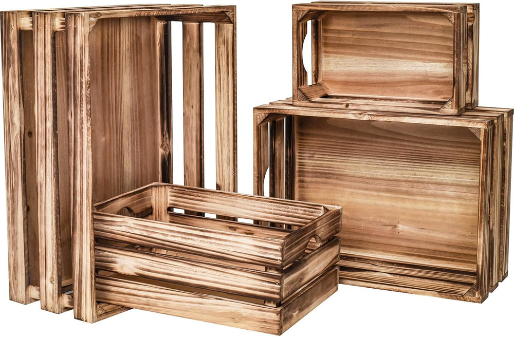 Set of 4 Large Torched Wood Decorative Storage Crates, Nesting Wooden Crates ...