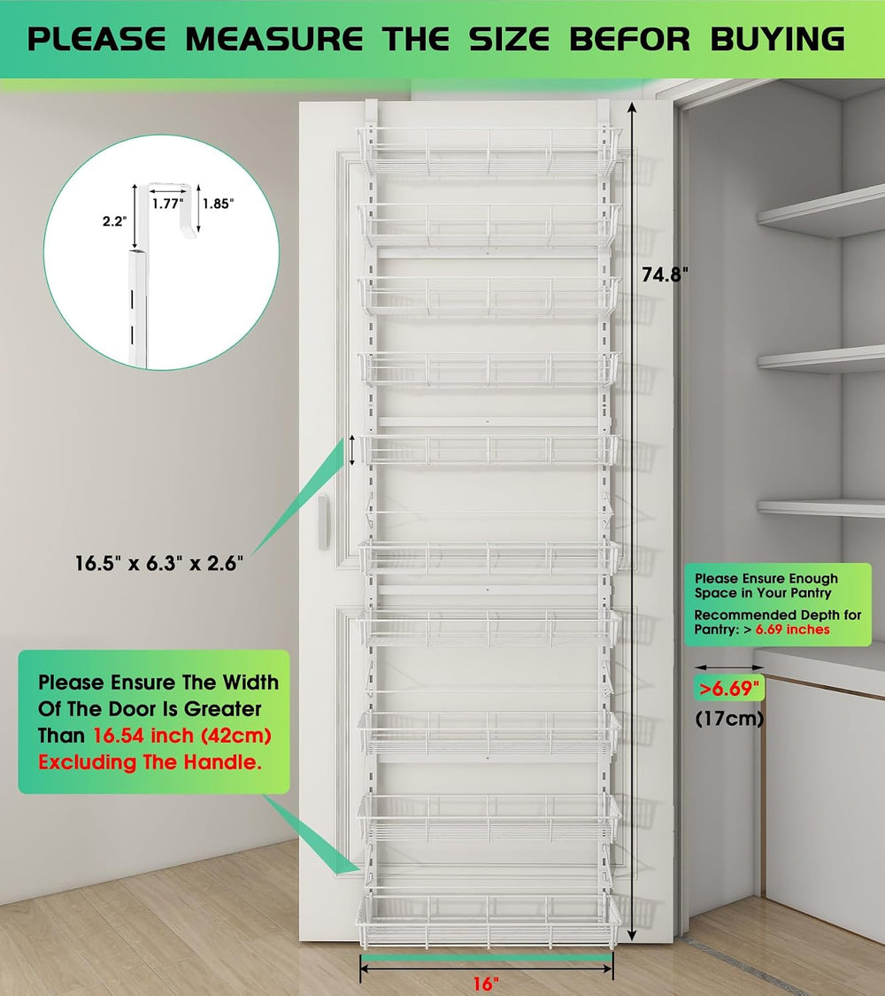 Mefirt White 10-Tier Over The Door Pantry Organizer, 2 in 1 Spice Rack