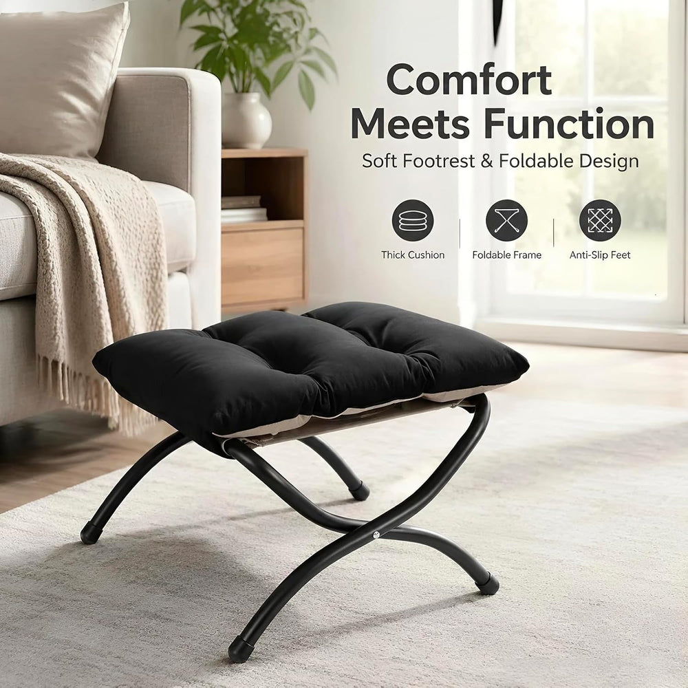 15" Upholstered Folding Foot Rest Stool with Foldable Metal Frame Black