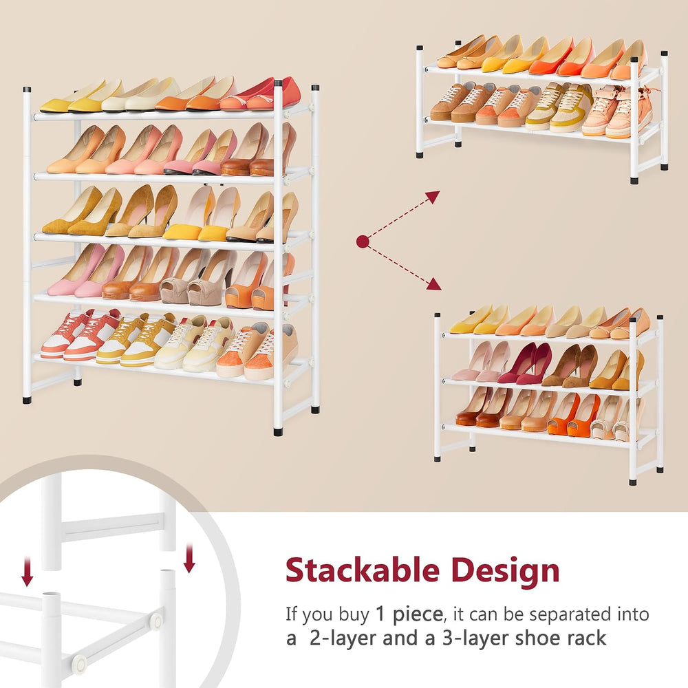 Tajsoon Expandable Shoe Rack for Closet 5 Tier, 28“-41“Stackable, White