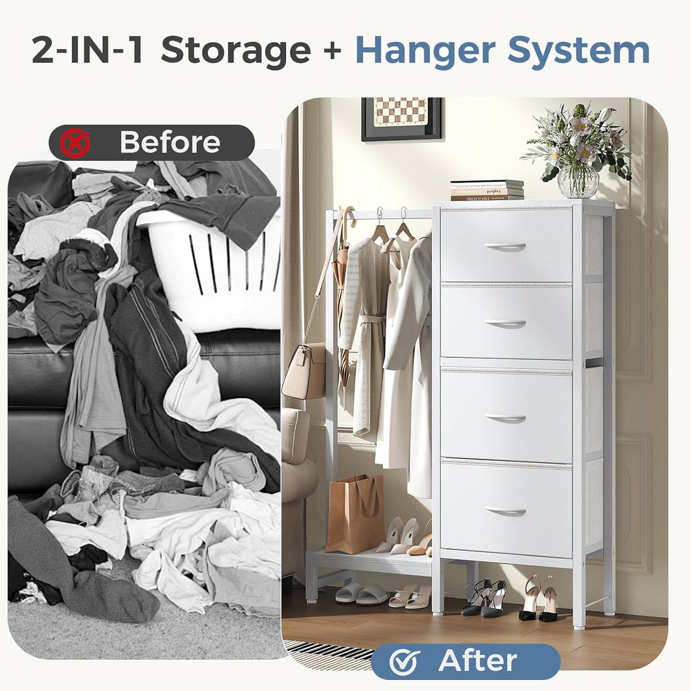 DUMOS Tall Dresser with Hanging Rack, 4 Drawer Dresser for Bedroom