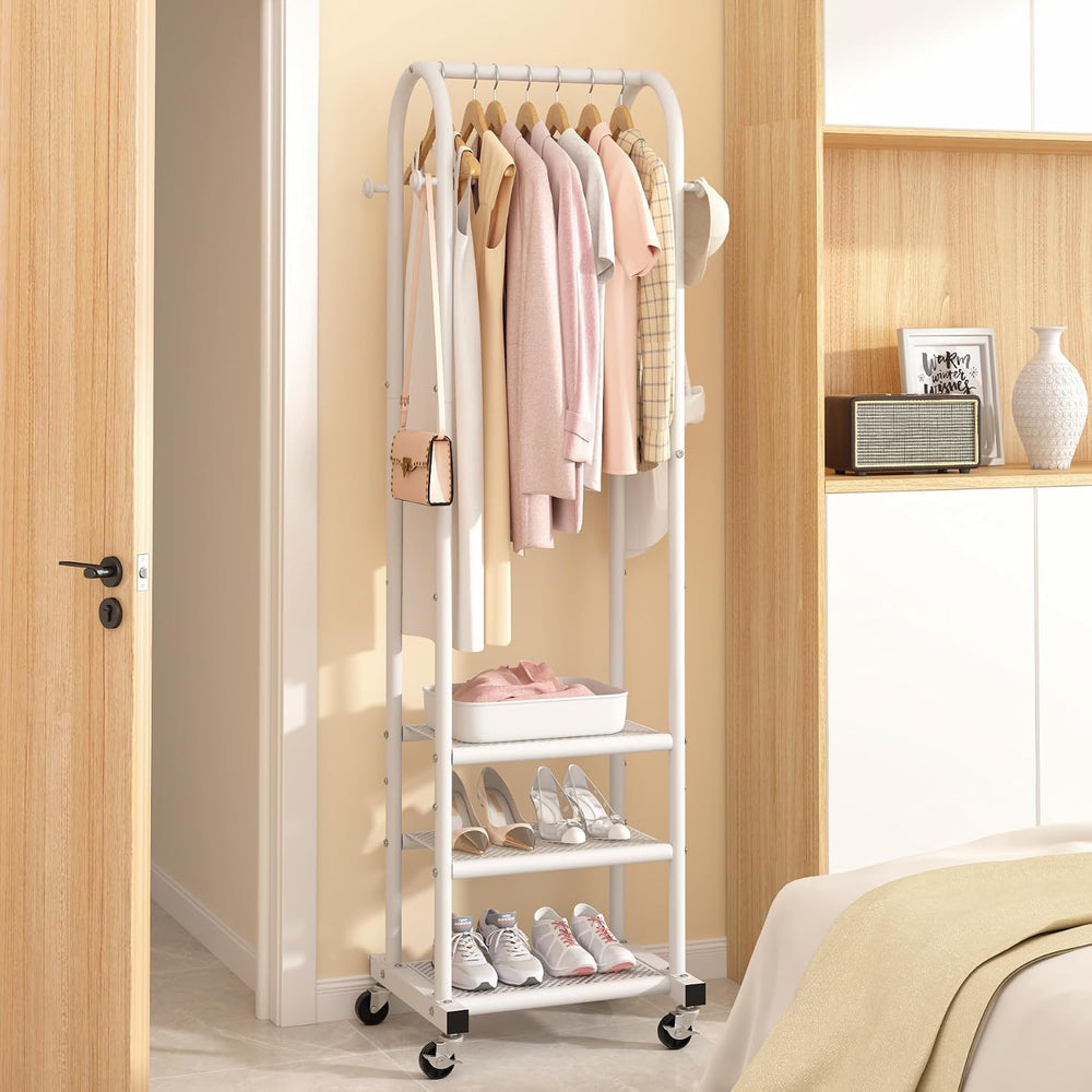Kaitiemoo Clothing Rack, Mobile Garment Rack with Wheels & 3 Shelves, White