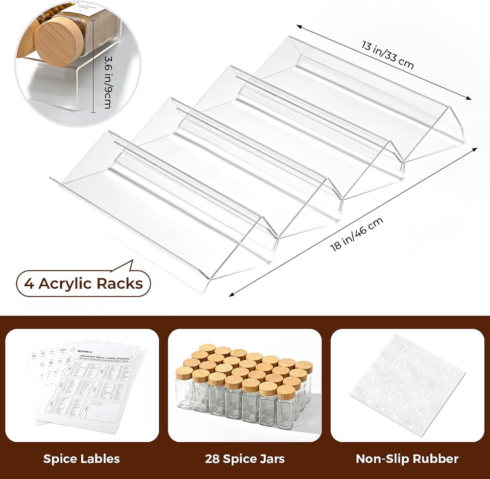 Acrylic Spice Drawer Organizer with 28 Spice Jars and 216 Labels,Non-slip Rub...